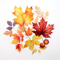 Nature's Brushstrokes: Watercolor Fall Foliage Isolated on White Background - Generative AI