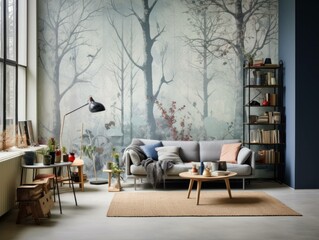 scandinavian hygge style interior design with large scale wallpaper , generative ai
