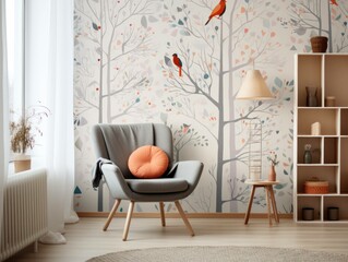 scandinavian hygge style interior design with large scale wallpaper , generative ai