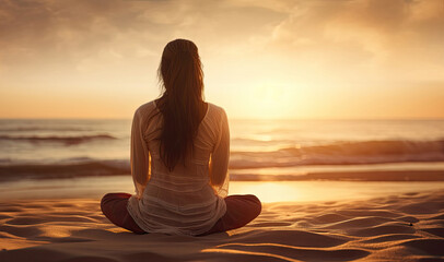 Back view of a woman meditating on the beach at sunset, Generative AI