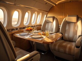 A private jet in the style of modern with a dining set on the table, sunlight shines through a window. Generative AI