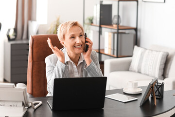 Obraz premium Mature businesswoman talking by phone while working in office