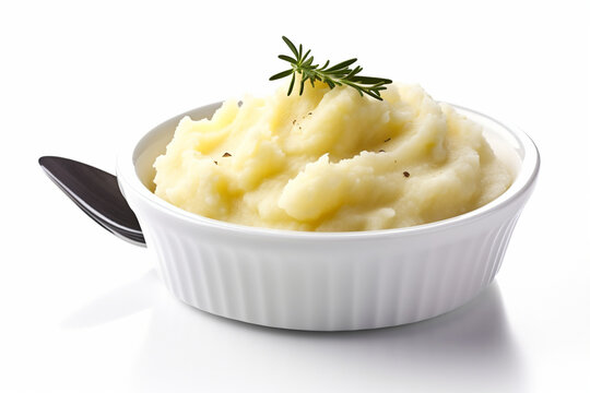 mashed potatoes in a bowl, white background
