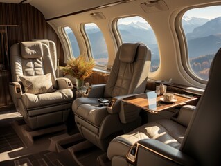 A business jet sitting with tables and other seating in the style of dark beige and grey, modern and luxury. Generative AI