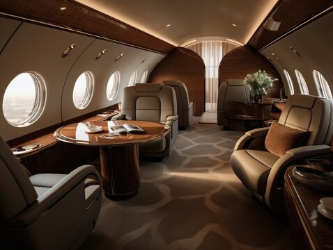 A business jet sitting with tables and other seating in the style of dark beige and brown, modern and luxury. Generative AI