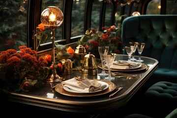Fototapeta na wymiar A table, chair and dining set inside a train in the style of romanticized views, natural light through windows. Generative AI