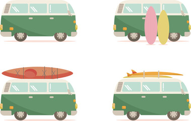 レトロな雰囲気のサーフボードを立てかけたりカヤックやカヌーを運んだりするバンのイラストセット