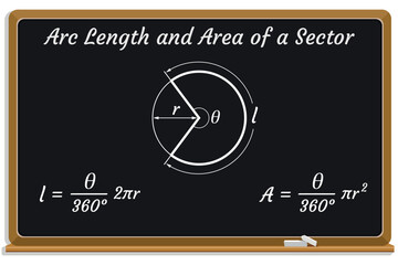 Arc Length of a Sector and Area  Formula on a black chalkboard. School. Math. Vector illustration.  © Олейник Александр
