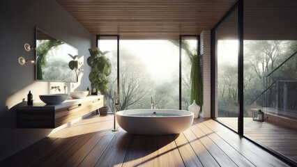 Fototapeta premium A comfortable bathroom boasting a forest view, enhanced by its inviting wood floor and built-ins, creating a natural and relaxing atmosphere. Photorealistic illustration, Generative AI
