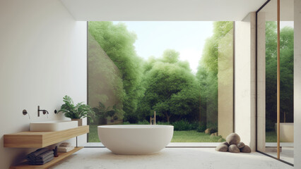 A minimalistic bathroom boasting a clean white interior and a stunning backyard view, creating a serene and stylish atmosphere. Photorealistic illustration, Generative AI