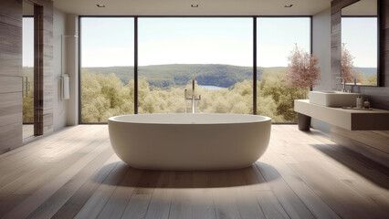 A bathroom with a center-placed bathtub, surrounded by a wood interior, offering a calming atmosphere complemented by the view of the mountains. Photorealistic illustration, Generative AI
