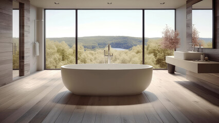 Fototapeta premium A bathroom with a center-placed bathtub, surrounded by a wood interior, offering a calming atmosphere complemented by the view of the mountains. Photorealistic illustration, Generative AI