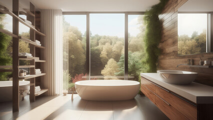 Fototapeta na wymiar A cozy modern bathroom with a serene forest view, adorned with wood built-ins, creating a tranquil and nature-inspired ambiance. Photorealistic illustration, Generative AI