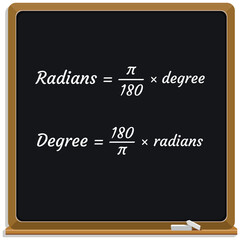 Converting Degrees to Radians Formula on a black chalkboard. School. Vector illustration. 