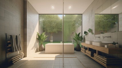 A home bathroom with a view of the backyard through a floor-to-ceiling window, creating a bright and refreshing bathing space. Photorealistic illustration, Generative AI