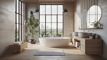 A loft bathroom characterized by its urban-industrial charm, featuring concrete walls adorned with subtle brick accents and wood built-ins. Photorealistic illustration, Generative AI