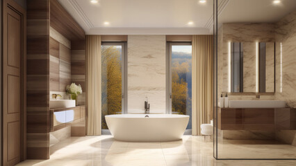 Fototapeta na wymiar A lavish home bathroom adorned with opulent marble walls and floors, complemented by rich wooden accents. Photorealistic illustration, Generative AI