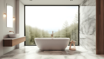 Fototapeta na wymiar A warmly lit bathroom with a soothing atmosphere, featuring a white wall and a marble wall and floor. Photorealistic illustration, Generative AI