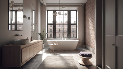 A renovated old apartment bathroom with a white interior, featuring a red brick wall that adds character, along with functional wood built-ins. Photorealistic illustration, Generative AI
