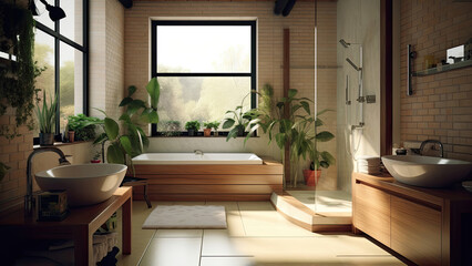 Fototapeta na wymiar A home bathroom with rustic brick walls, complete with a bathtub and shower, and convenient wood built-ins. Photorealistic illustration, Generative AI