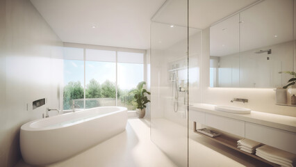 Fototapeta na wymiar A cozy home bathroom with a serene white interior and a stylish glass partition. Photorealistic illustration, Generative AI