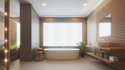 Fototapeta na wymiar A sunlit home bathroom with serene gray walls and wood built-ins. Photorealistic illustration, Generative AI