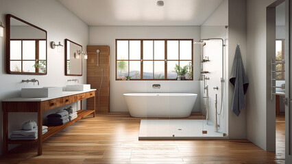 Fototapeta na wymiar A spacious home bathroom designed for two, complete with a shower, twin sinks, and a clean white interior enhanced by a warm wood floor. Photorealistic illustration, Generative AI