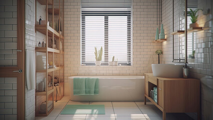 A small and cozy home bathroom with white tiled walls and warm wood furniture, creating a charming and inviting atmosphere. Photorealistic illustration, Generative AI