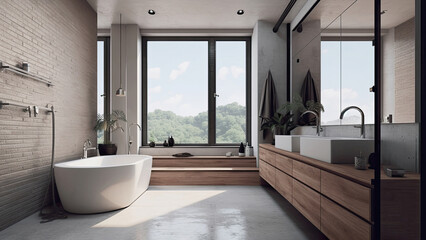 A cozy, sunlit home bathroom for two, featuring gray tiled walls and wood built-ins with dual sinks. Photorealistic illustration, Generative AI