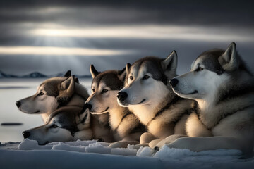 A team of husky sled dogs rest on sea ice, Greenland