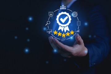 Hand showing quality assurance sign, leading service, certification, quality control, warranty standard, business technology concept.	
