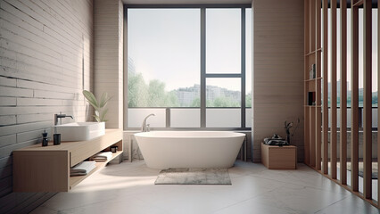 Fototapeta na wymiar A sunlit apartment bathroom with soothing gray tiled walls and wood built-ins. Photorealistic illustration, Generative AI