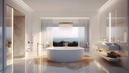 Fototapeta na wymiar A home bathroom exuding luxury, adorned with a pristine white interior embellished with marble elements, offering a stunning view. Photorealistic illustration, Generative AI