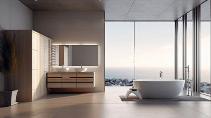 A home bathroom, reminiscent of an advertising photograph, showcasing a breathtaking ocean view. Photorealistic illustration, Generative AI