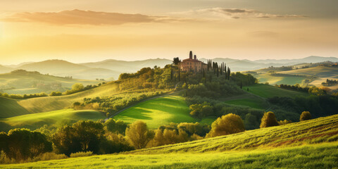 eautiful and miraculous colors of green spring panorama landscape of Tuscany, Italy. Tuscany landscape with grain fields, cypress trees and houses on the hills at sunset