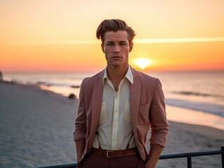 fashion portrait of a sharp dressed man male model outside on the beach with a 50s style haircut, generative ai
