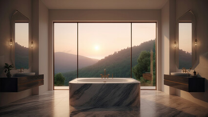 A hotel bathroom designed for relaxation during your vacation, featuring a mountain view and adorned with a marble floor and bathtub. Photorealistic illustration, Generative AI