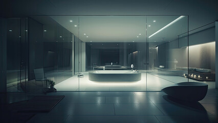 A bathroom reminiscent of a cinematic scene, enveloped in surrounding glass that allows gentle indirect lighting to play across the spacious interior. Photorealistic illustration, Generative AI