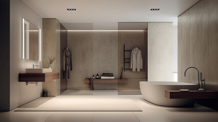 A well-lit bathroom with an urban-industrial charm, showcasing a concrete interior enhanced by glass partitions and dark wood built-ins. Photorealistic illustration, Generative AI