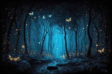 Flittering fireflies flying in the night Fantasy enchanted forest. Fairy tale concept.