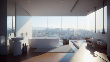 A hilltop condo bathroom offering a captivating city view, adorned with a pristine white interior and complemented by the wood floor. Photorealistic illustration, Generative AI