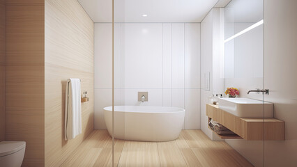Fototapeta na wymiar A home bathroom boasting a harmonious blend of white and wood interior elements, separated by a glass partition. Photorealistic illustration, Generative AI