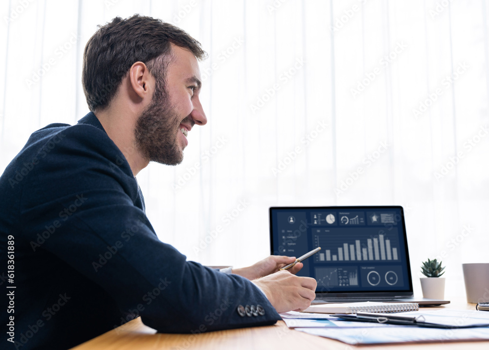 Poster busy analyst in office analyzing financial data analysis for marketing strategy in workspace using b