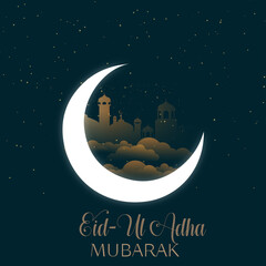 Obraz na płótnie Canvas Eid al adha mubarak background design with crescent moon and mosque premium vector