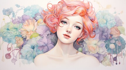 This illustration portrays a beautiful woman adorned with an array of flowers. The artwork captures her grace and elegance, with the delicate blooms complementing her features. AI-Generated - 618362000