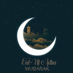 Eid al adha mubarak background design with crescent moon and mosque premium vector