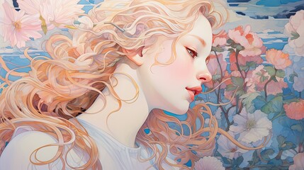 This illustration portrays a beautiful woman adorned with an array of flowers. The artwork captures her grace and elegance, with the delicate blooms complementing her features. AI-Generated - 618362003