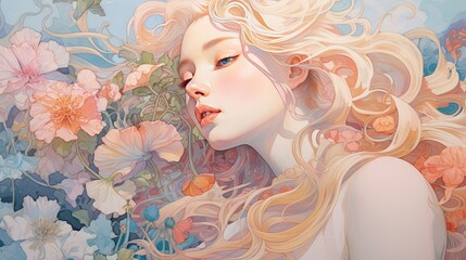 This illustration portrays a beautiful woman adorned with an array of flowers. The artwork captures her grace and elegance, with the delicate blooms complementing her features. AI-Generated - 618362004