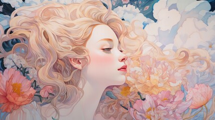 This illustration portrays a beautiful woman adorned with an array of flowers. The artwork captures her grace and elegance, with the delicate blooms complementing her features. AI-Generated - 618362028