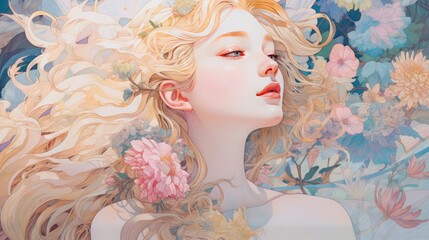 This illustration portrays a beautiful woman adorned with an array of flowers. The artwork captures her grace and elegance, with the delicate blooms complementing her features. AI-Generated - 618362029